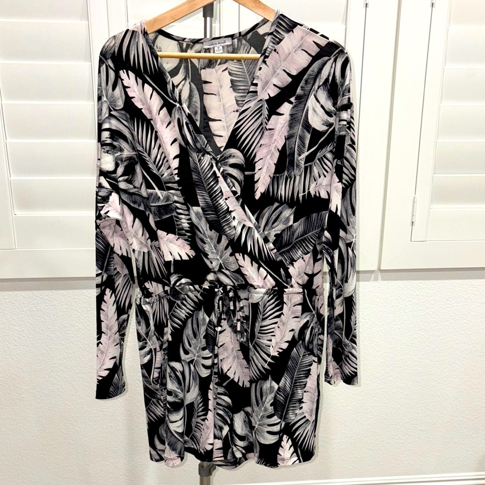 White Birch Black and Gray with a hint of light baby pink Leaf Print romper.